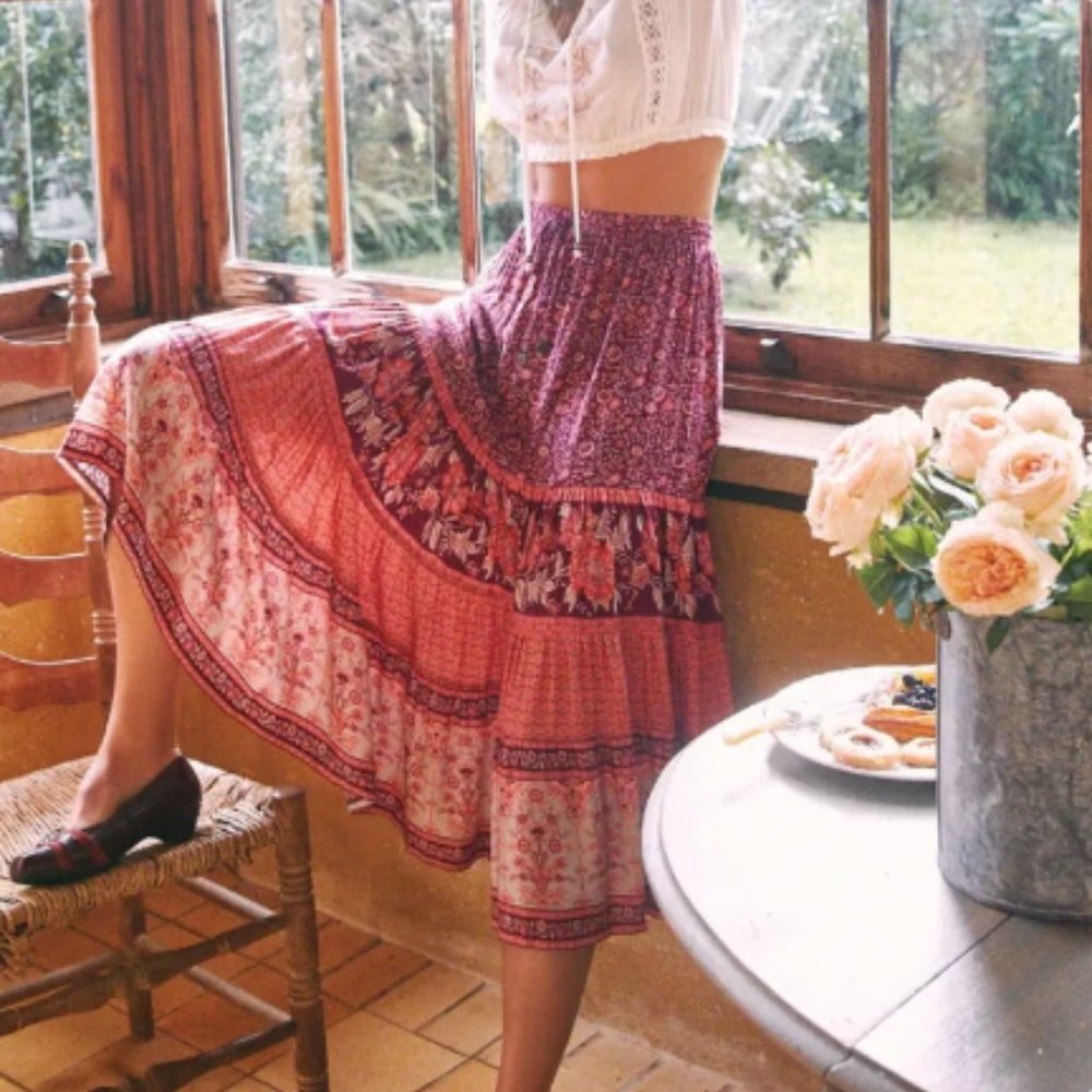 Ruby Red Boho Floral Print Midi Skirt